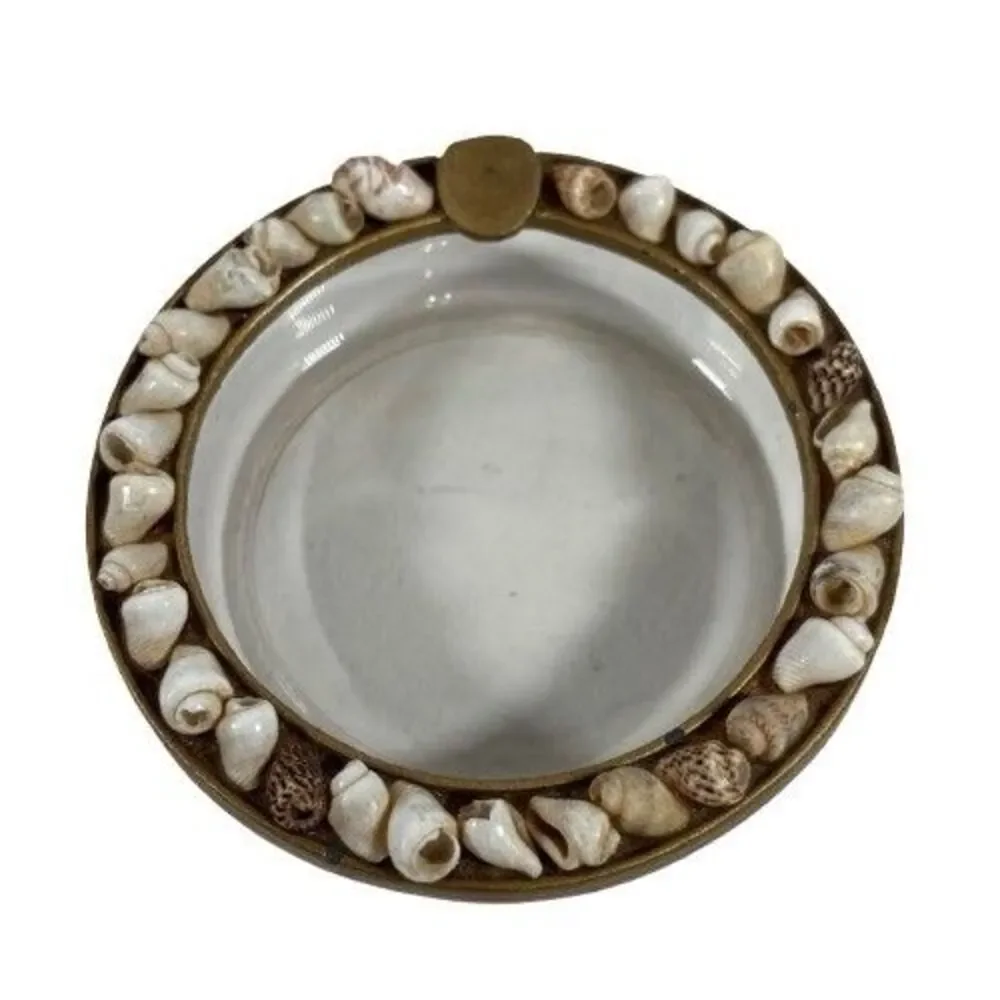 Real Seashell Encrusted Ashtray Glass Gold Tone Vintage Cigarette MCM Coastal